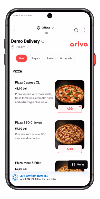 Phone with the ARIVA Online ordering page
