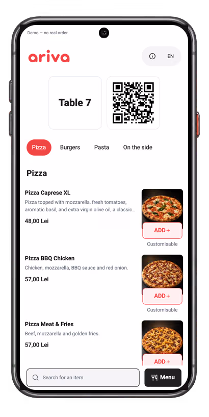 Phone with the ARIVA Table QR menu of table 7